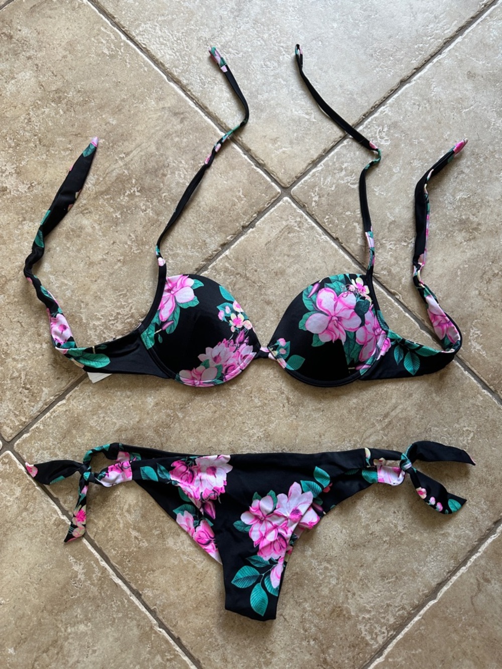Guess Black Floral Tie-Side Bikini with Pink & Green Flowers